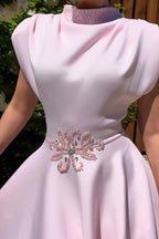 Women's Elegant Wide Shoulder Beaded A Line Midi Dress