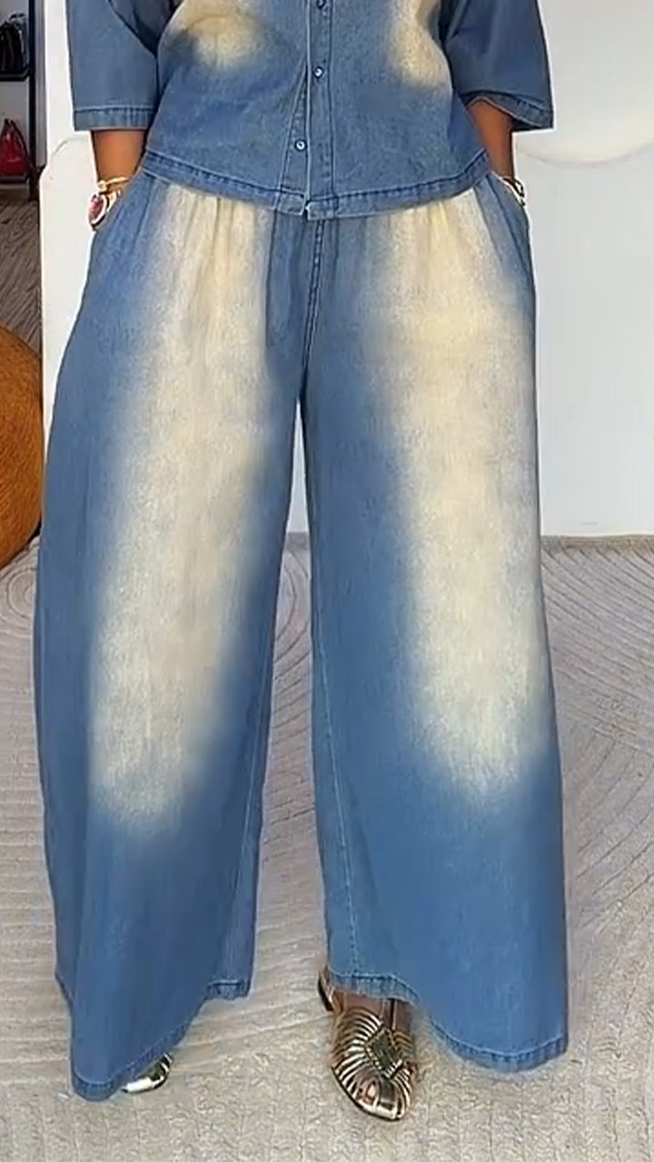 Womens Collar Wash Jacket+ Pants Casual Denim Suit