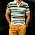 Men's Casual Lake Blue Striped Printed Color Matching Short Sleeves Polo Shirt