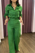 Women's Simple Commuter Cuff Tie Shirts Pants Set