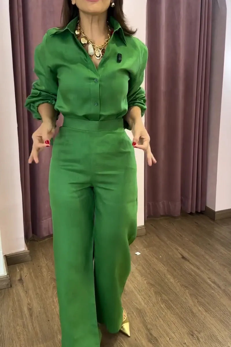Women's Simple Commuter Cuff Tie Shirts Pants Set