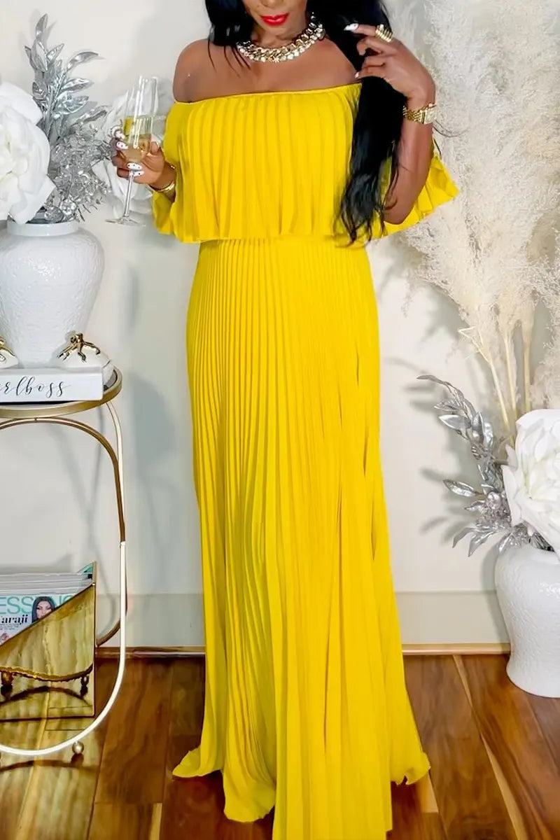 Women's Flowy Pleated Off-Shoulder Jumpsuit with Ruffle Overlay