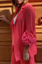 Women's Fashion 3D Floral Cuff Blazer & Slit Pants