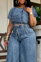 Women's  Short Sleeve Shirred Crop Top Or High Waist Drawstring Wide Leg Capri Pants