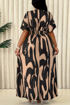 Women's Abstract Print V-Neck Batwing Sleeve Waisted Maxi Dress