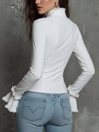 Zip-Front Fitted Blouse With Lace-Trimmed Ruffle Collar And Bell Cuffs