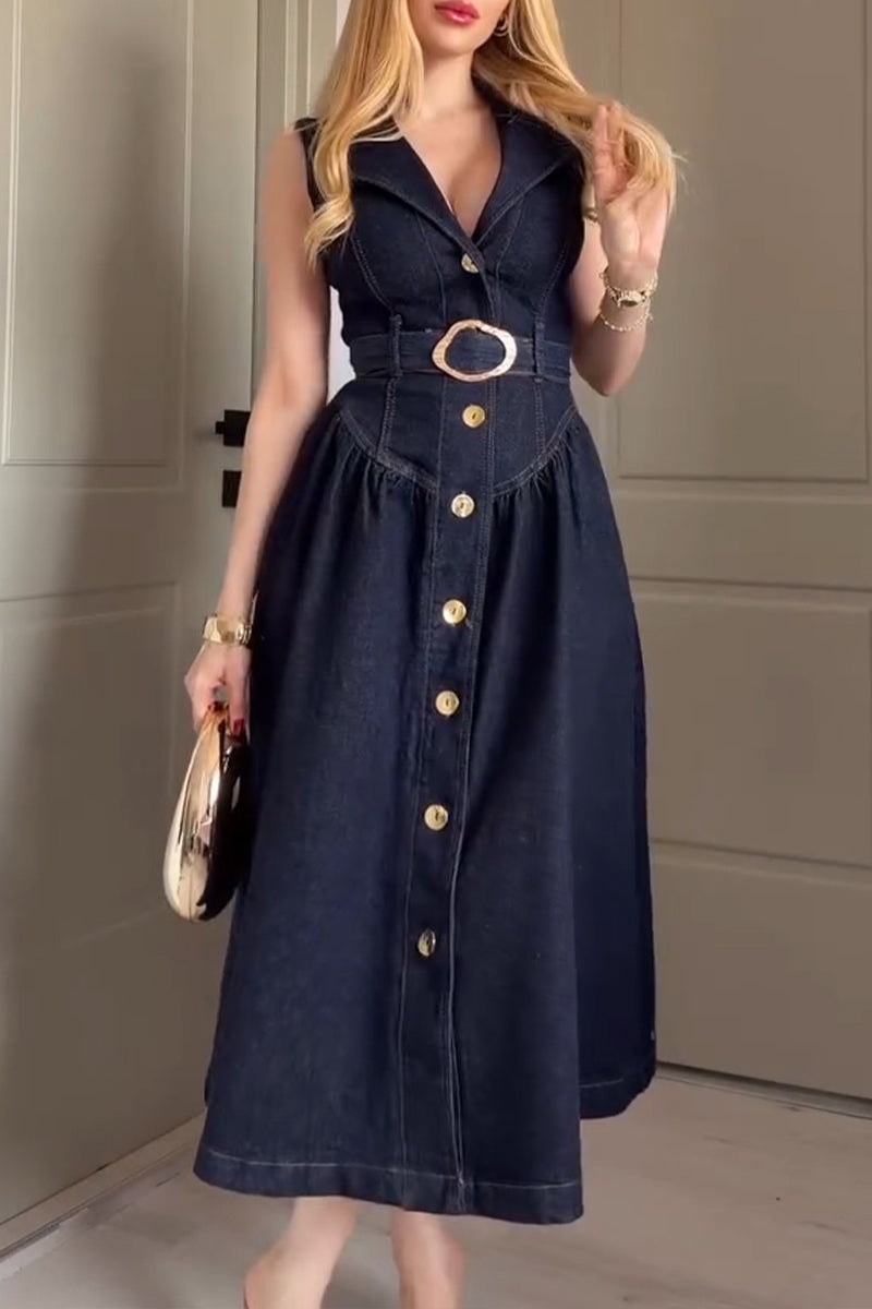 Women's Elegant Lapel Button Front Denim Dress with Belt