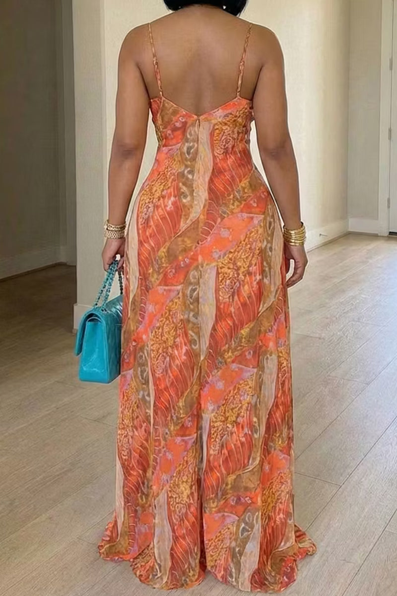 Women's Spaghetti Strap Print Long Vacation Dress