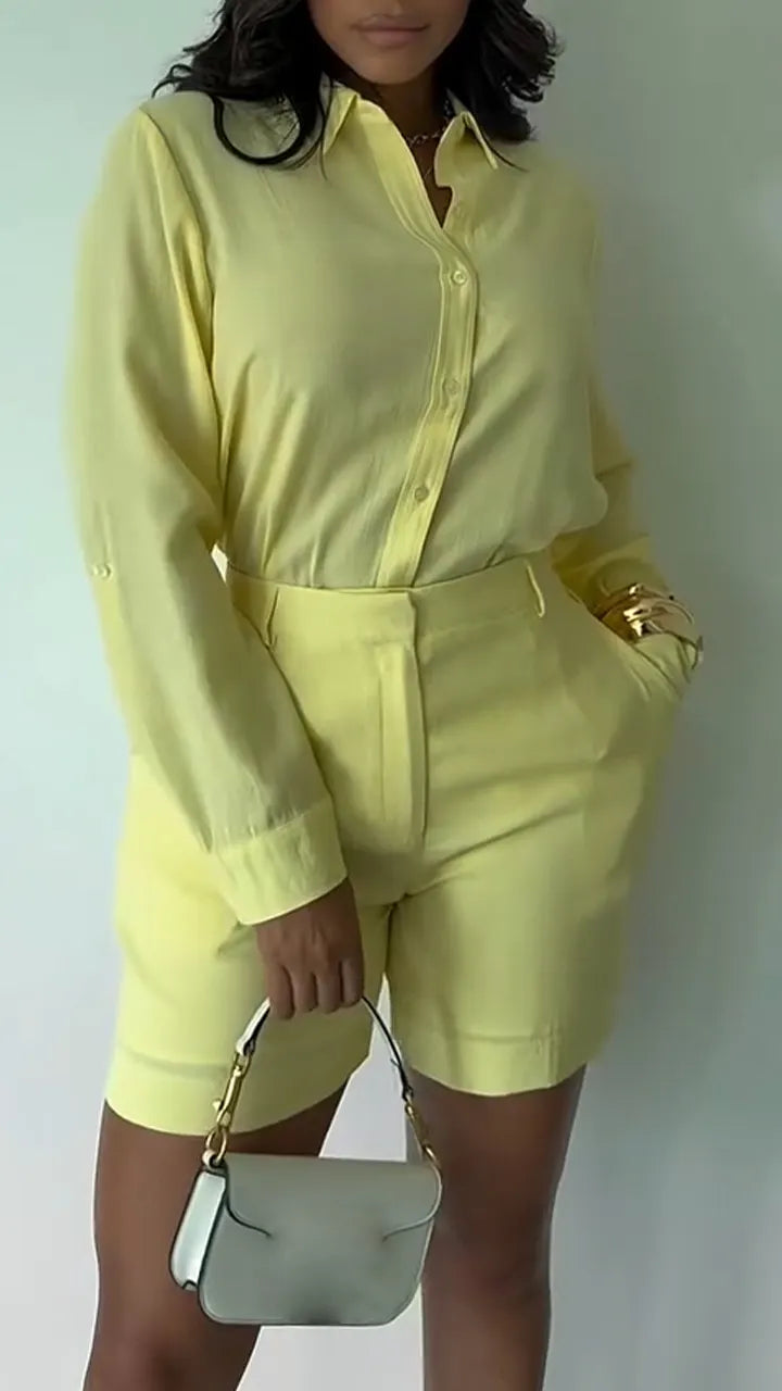 Womens Collar Shirt + Shorts Solid Color Casual Set