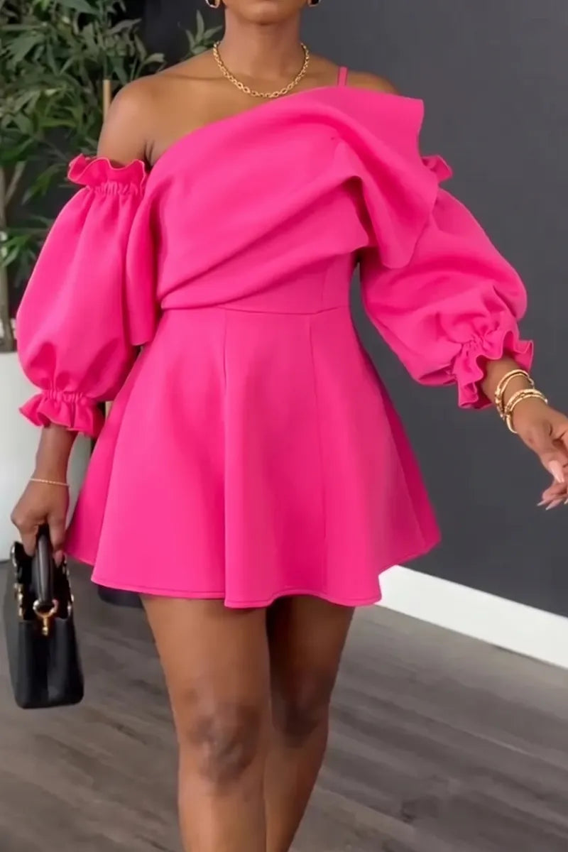 Women's Flounce Off-Shoulder Dress with Long Ruffled Cuffs & A-Line Skirt