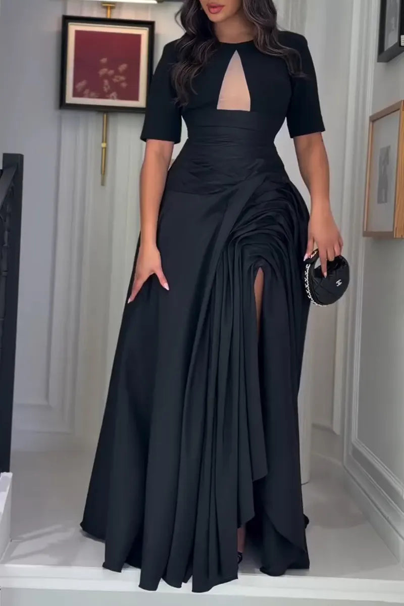 Women's Elegant Pleated Slit Hem Maxi Dress