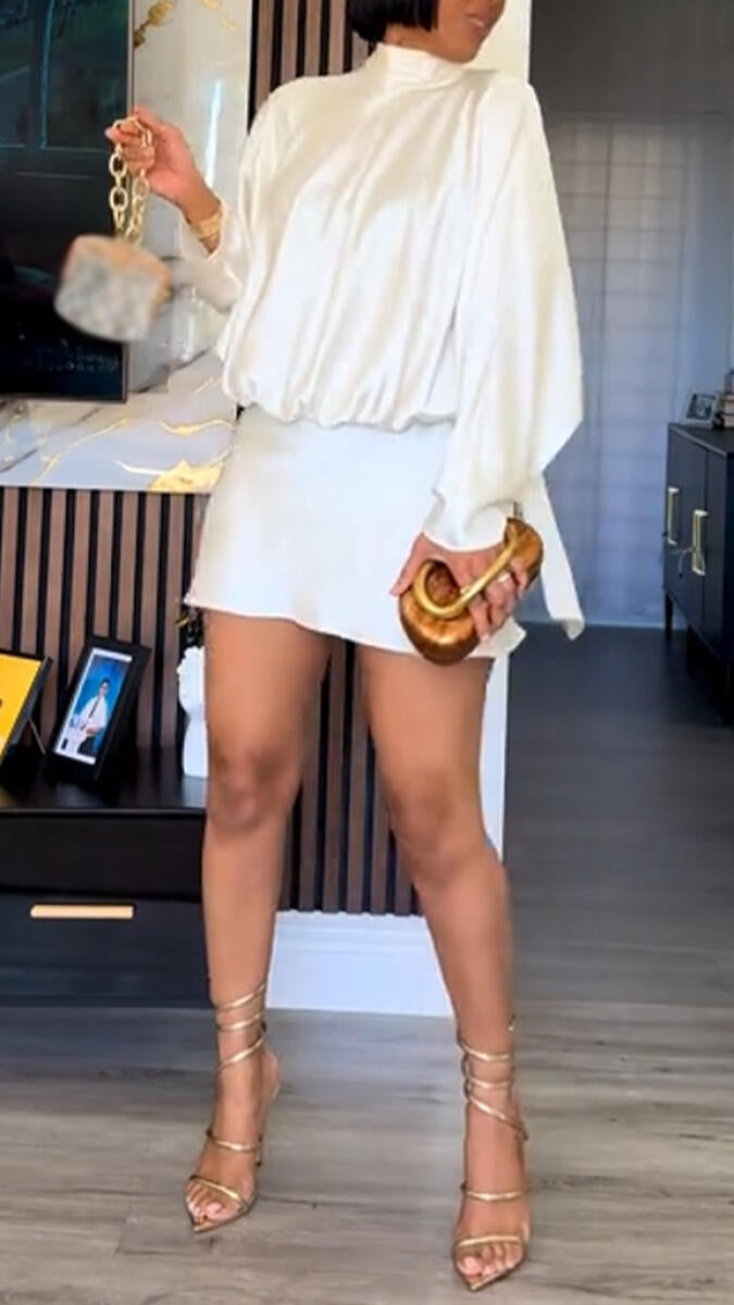 Women Round Neck Long Sleeved Top + Skirt Elegant Temperament Suit
