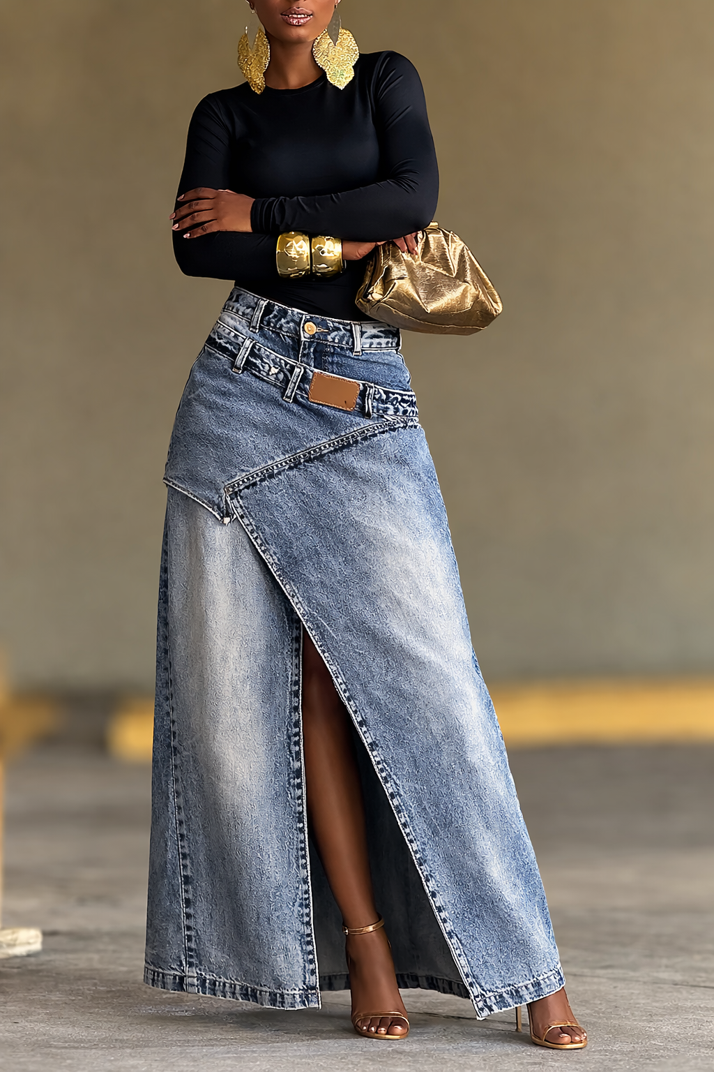 Women's Two-piece Slit Long Denim Skirt