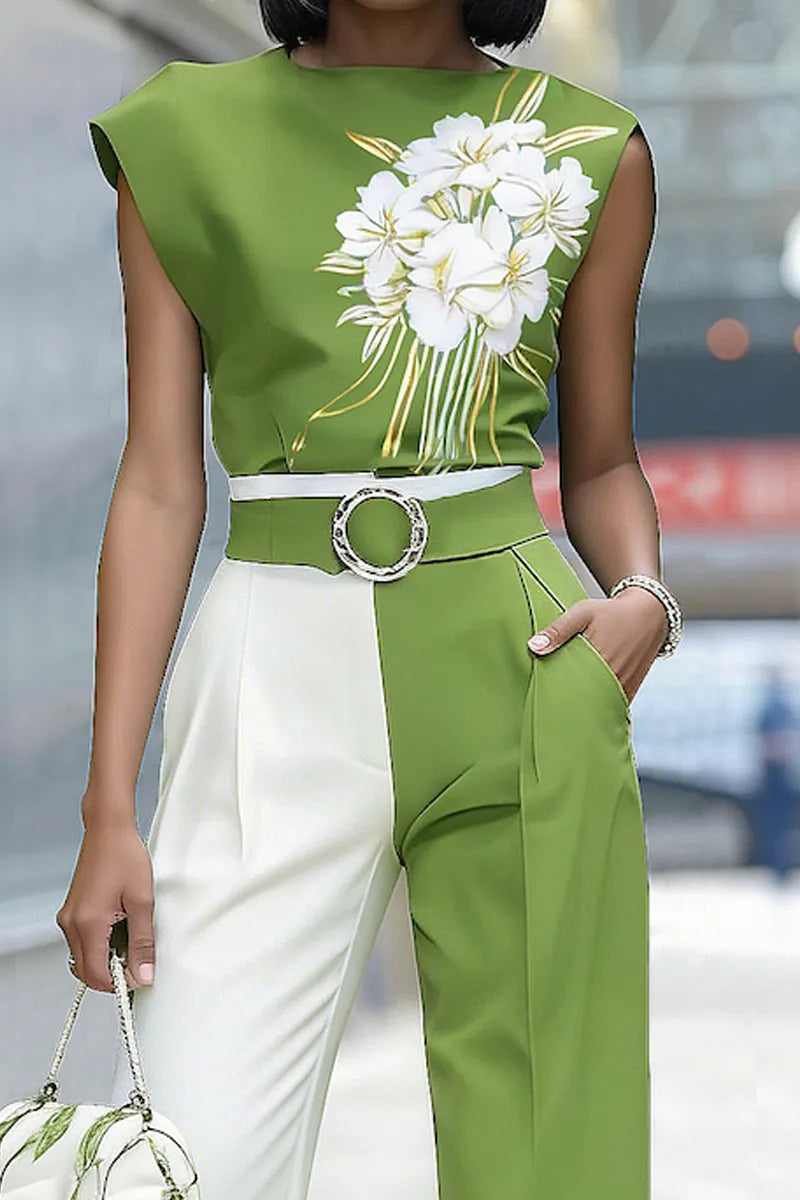 Women's Elegant  Casual with Floral Sleeveless Top Or Color-Block Trousers