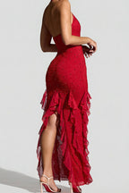 Women's Sleeveless Beaded Backless Slit Bodycon Long Party Dress