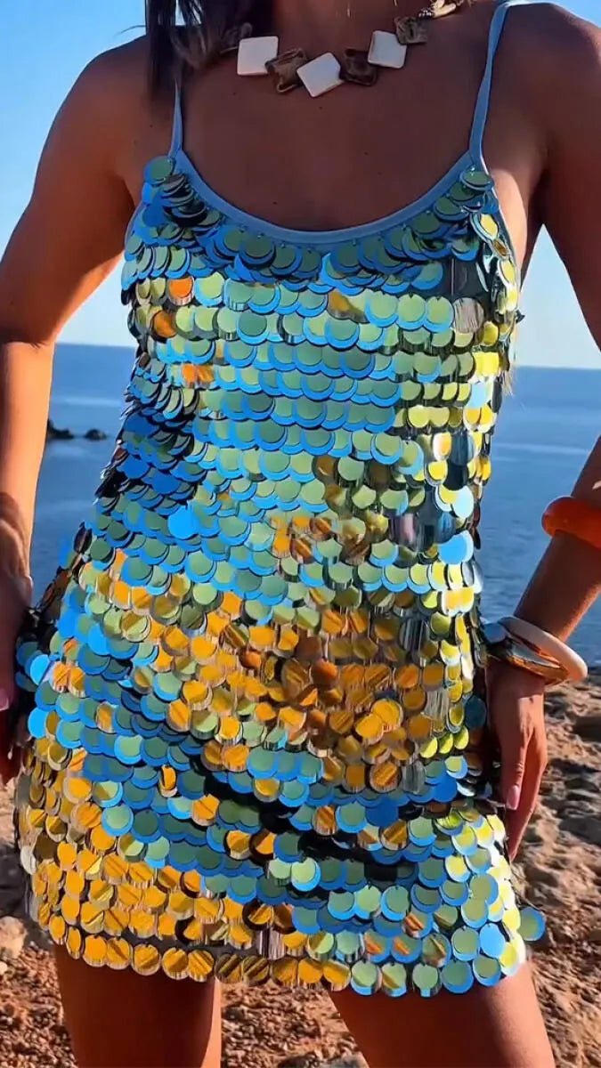 Women Sequin Camisole Beach Vacation Casual Style Mini Dresses