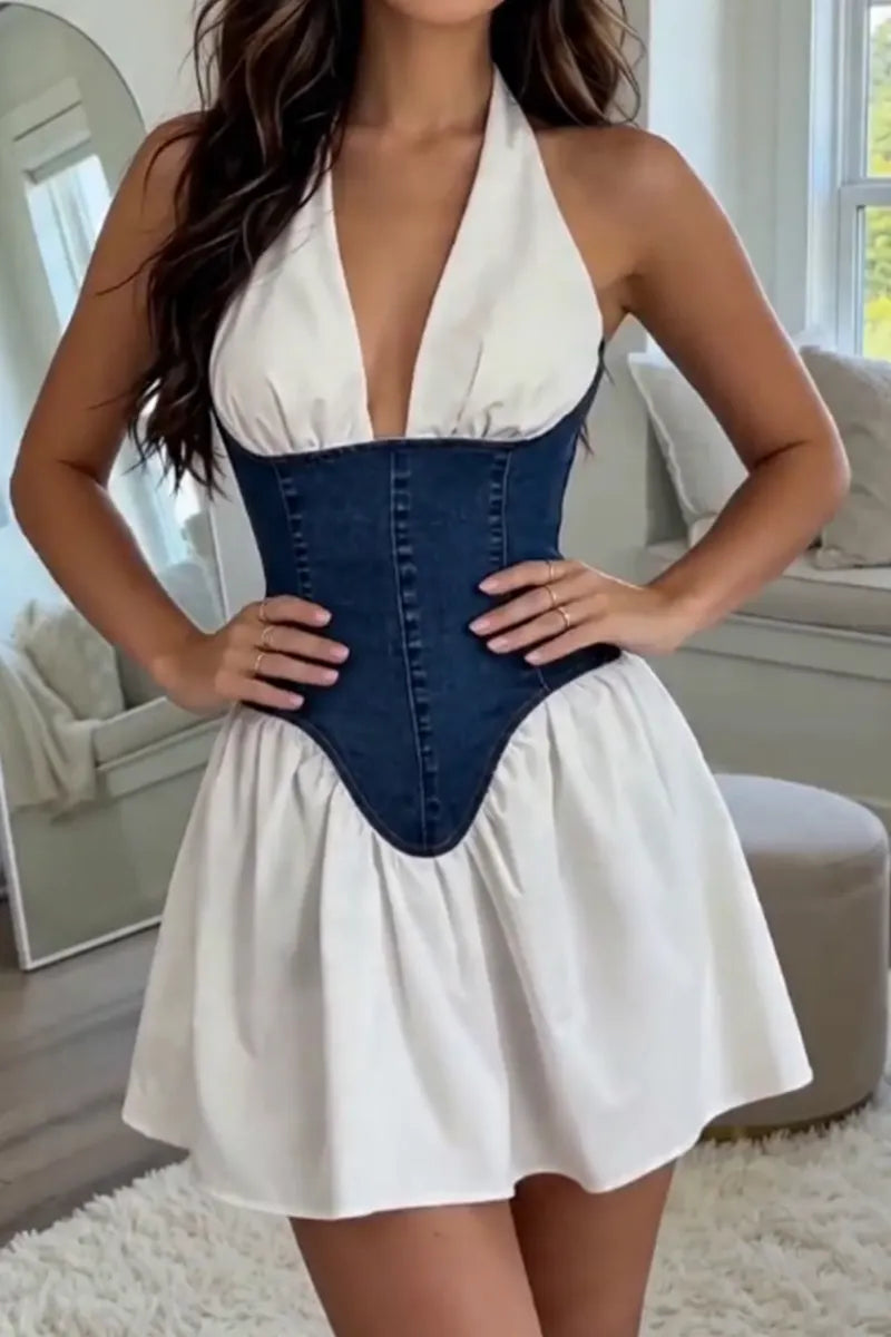 Women's Sleeveless Backless Patchwork Short Dress