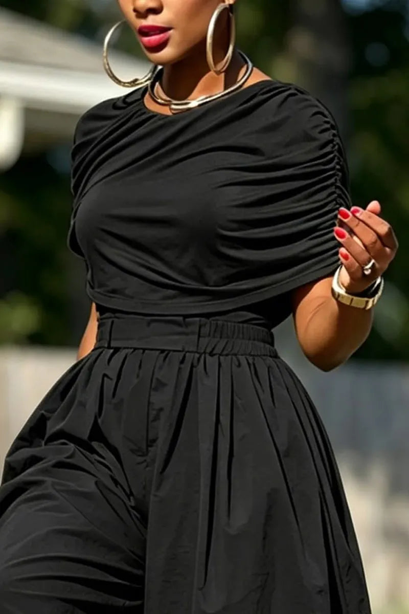 Women's Crew Neck One Side Ruched Draped Cap Sleeve Slim Crop Top Or High Waist Elastic Smocked Waist Baggy Balloon Capri Pants