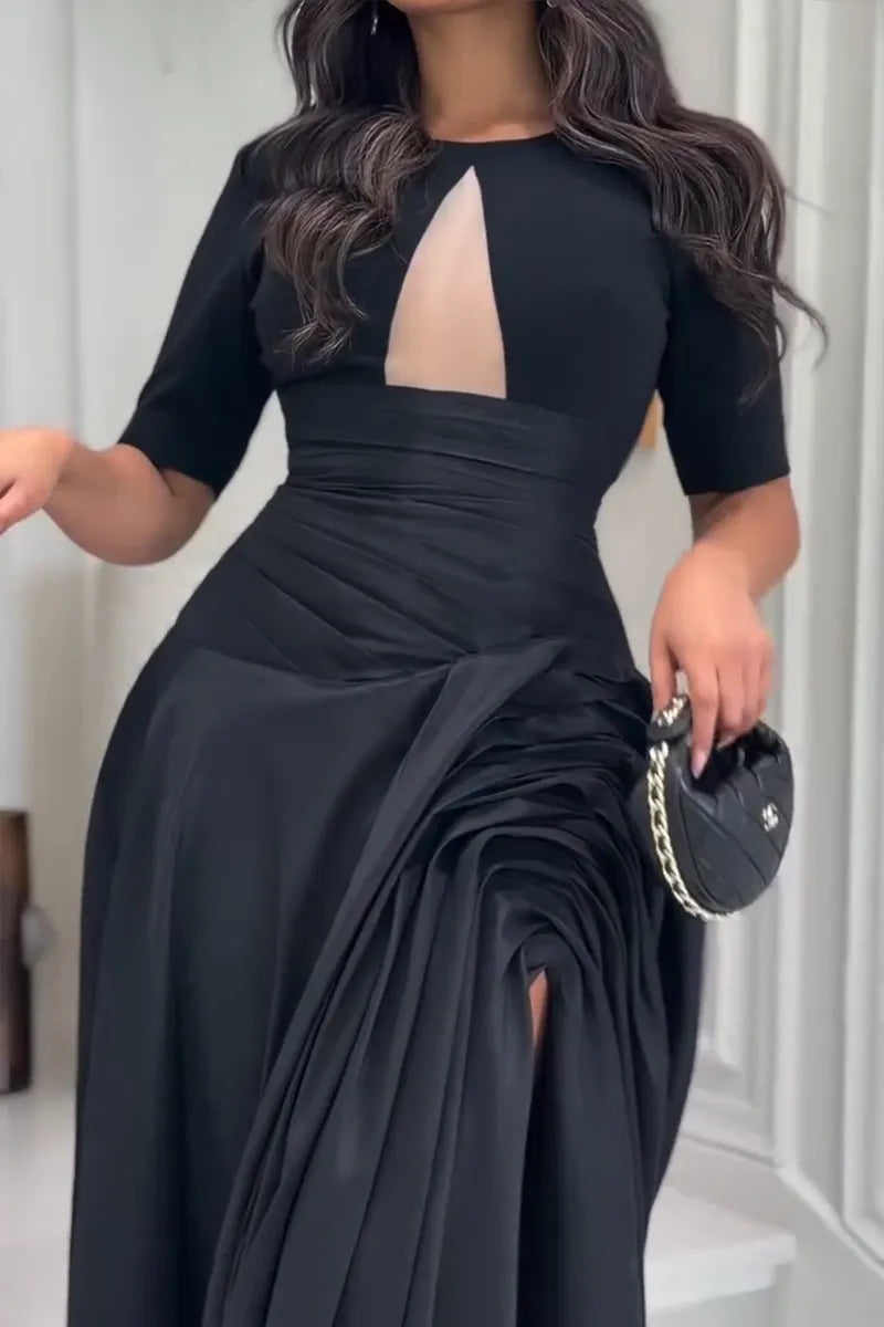 Women's Elegant Pleated Slit Hem Maxi Dress