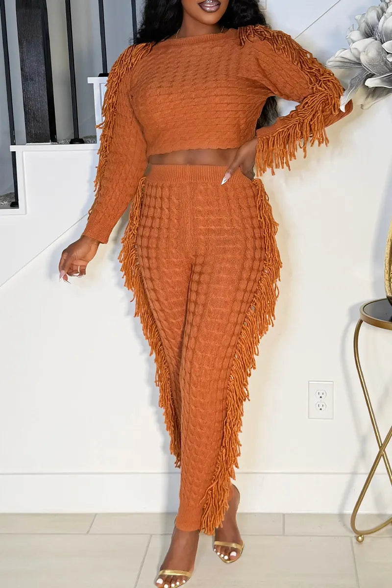 Women's Knit Two-Piece Outfit with Fringe Trim on Sleeves or Pants