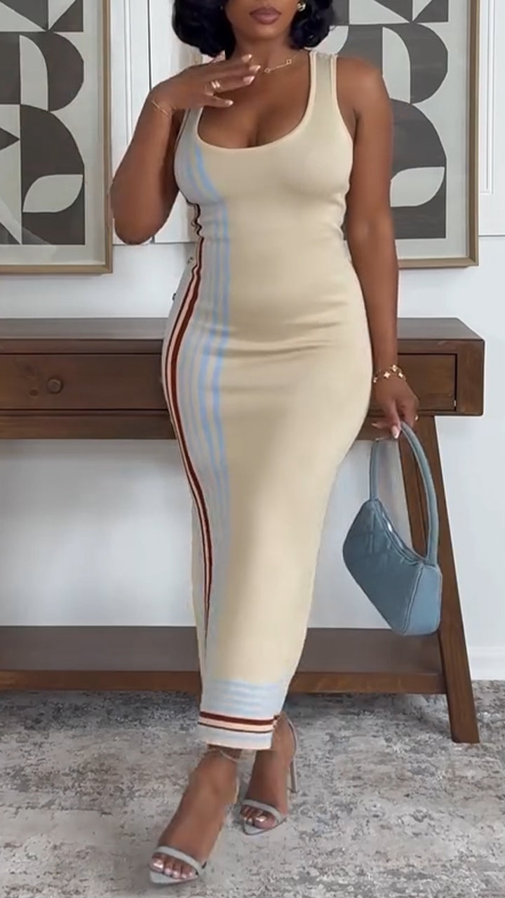Women U-neck Sleeveless Slim Fit Colorful Vertical Stripe Side Buckle Slit Elegant Casual Maxi Dress