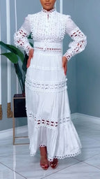 Womens Round Neck Top+ Spliced Hollow Half Skirt Solid Color Casual Lace Set