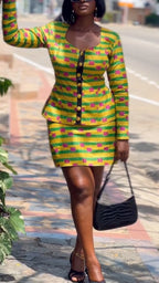 Women Square Neck Button Printed Jacket + Half Skirt Casual Set with Temperament