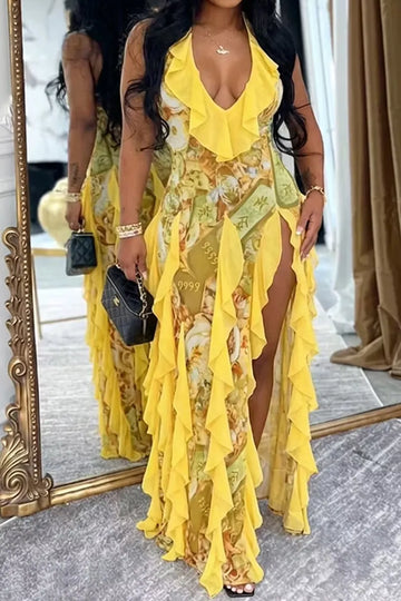 Women's Backless Printed Long Party Dress