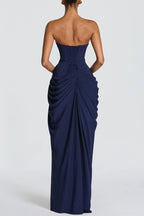 Women's Strapless Halter Neck Ruched Maxi Dress With High Slit