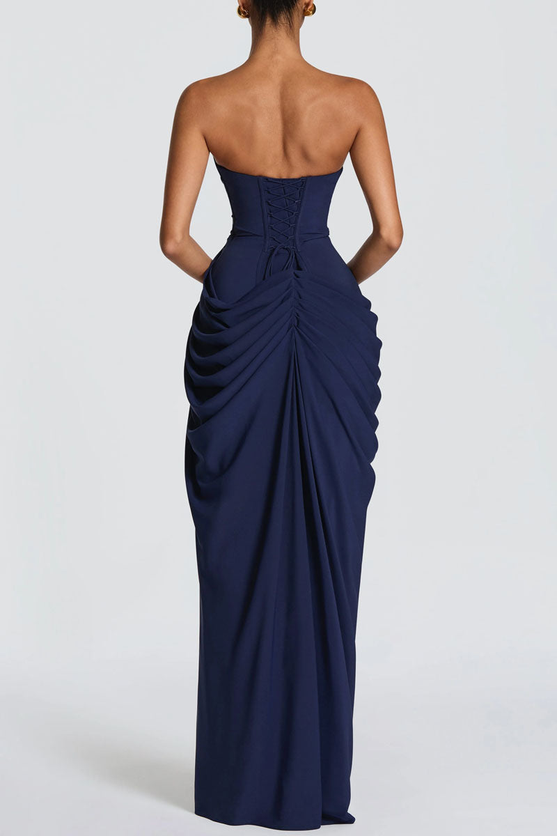 Women's Strapless Halter Neck Ruched Maxi Dress With High Slit