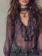 Vintage Paisley Print Ruffled Collar Chiffon Blouse