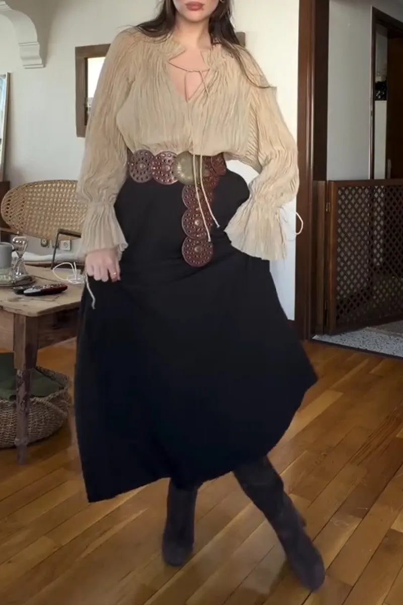 Women's Casual Pleated Loose Shirts & High Waist Skirt