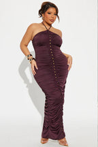 Womem Sexy Slim Fit Halter Dress - Side Button Slit Maxi Gown