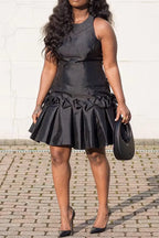 Women's Elegant Black Satin-Like Cocktail Dress with Textured Ruffle Skirt