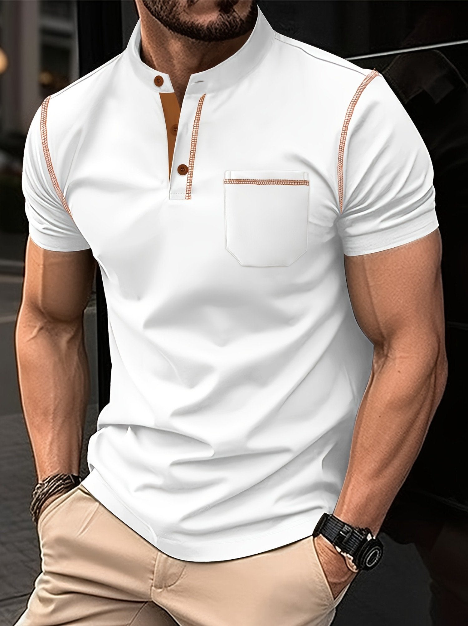 Men's Business Casual Striped Logo Button Short Sleeve Polo Shirt