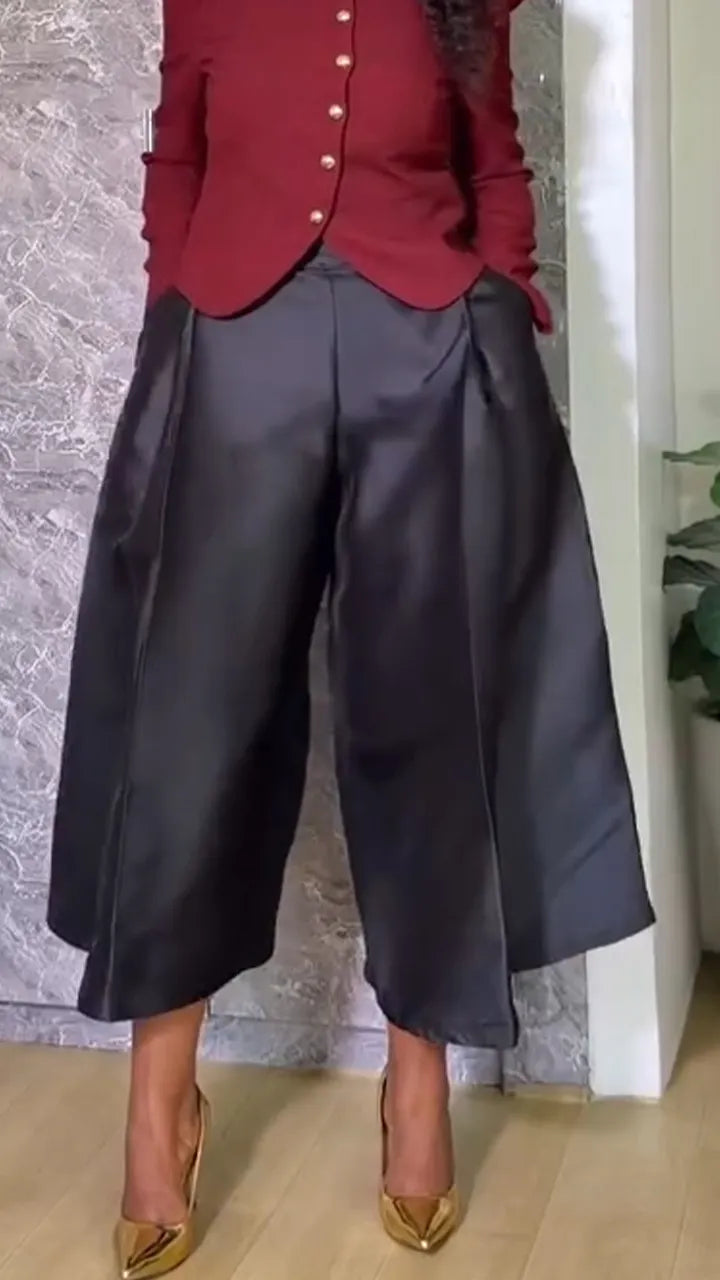 Women Round Neck Breasted Jacket + Satin Wide Leg Pants