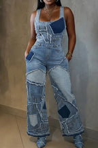 Women's Comfortable Casual Denim Patchwork Jumpsuit