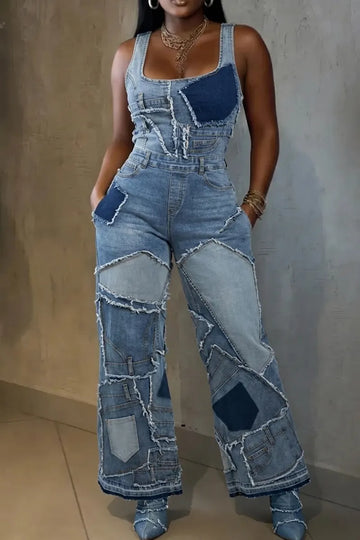 Women's Comfortable Casual Denim Patchwork Jumpsuit