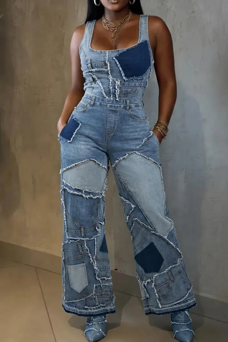 Women's Comfortable Casual Denim Patchwork Jumpsuit