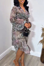 Women V-neck Printed Top+ Irregular Skirt Elegant Casual Set