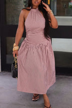 Women Neck Hanging Striped Patchwork Elegant Casual Maxi Dresses