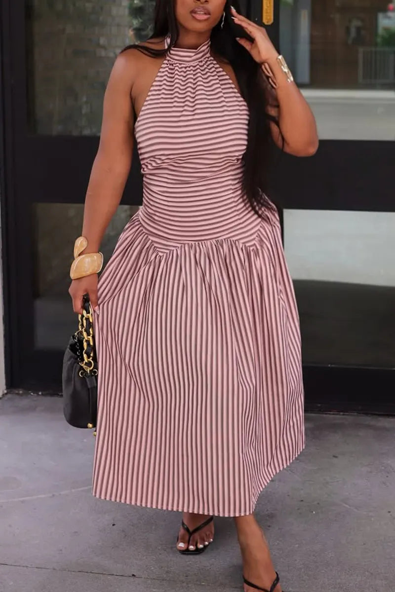 Women Neck Hanging Striped Patchwork Elegant Casual Maxi Dresses