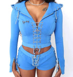 Womens Hooded Cross Drawstring Top+ Pants Casual Suit