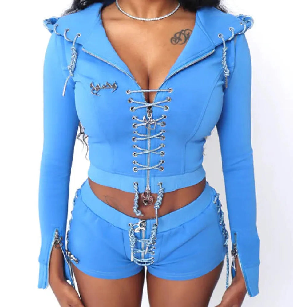 Womens Hooded Cross Drawstring Top+ Pants Casual Suit