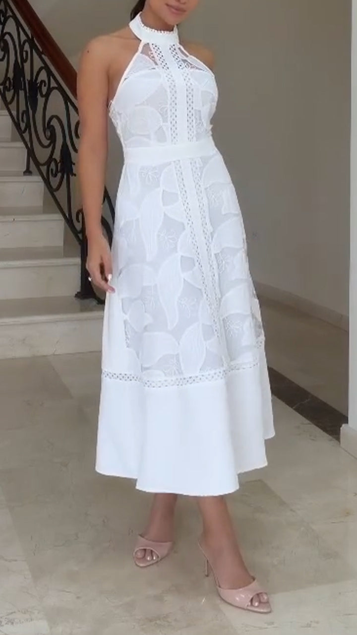 Women Neck Hanging Sleeveless Lace Patchwork Elegant Temperament Dress