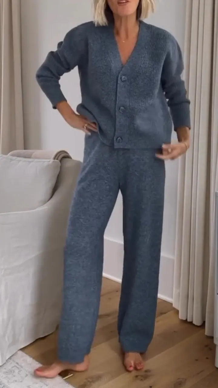 Women V-neck Casual Solid Color Set
