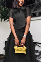 Women's Elegant Tiered Chiffon Dress with Neck Bow & Ruffled Layers