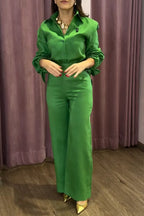 Women's Simple Commuter Cuff Tie Shirts Pants Set
