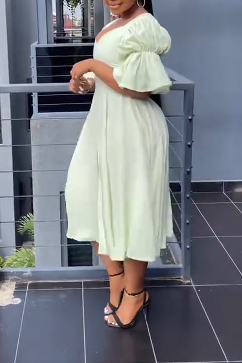 Women V-neck Back Cross Hollow Solid Color Elegant Casual Midi Dresses