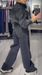 Women Round Neck Rhinestone Jacket+ Pants Casual Denim Suit